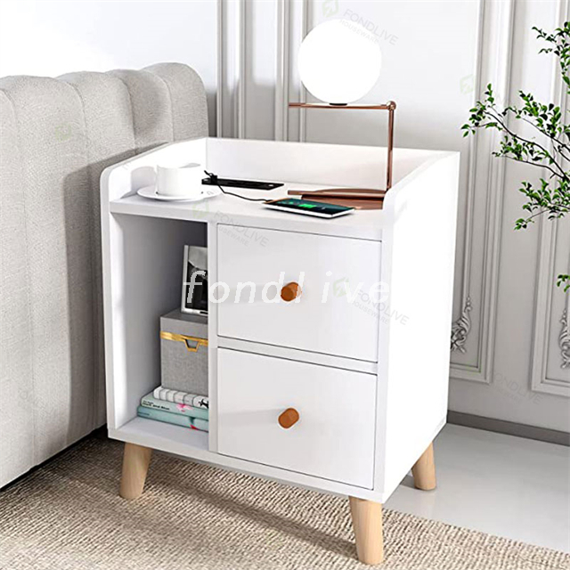 Simple Generous Wooden White Bedside Table With Solid Wood Legs from